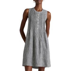 quince, Quince 100% European Linen Sleeveless Swing Dress in Classic Mini Gingham