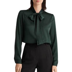 quince, Quince Washable Stretch Silk Tie Neck Blouse