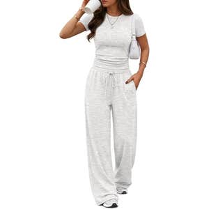 Trendy Queen Ruched Top & Wide-Leg Pants Set in Oatmeal Grey