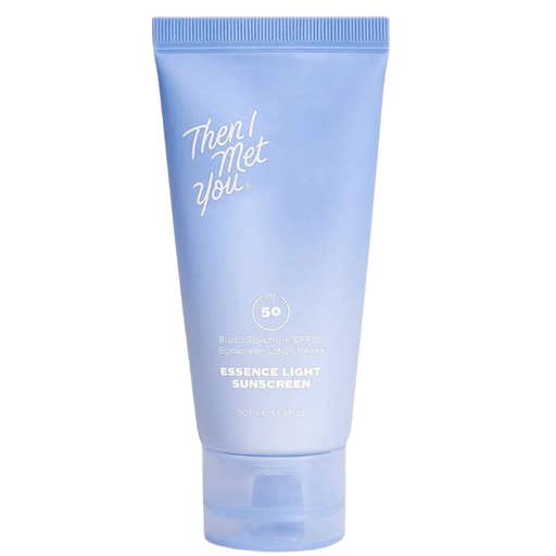 light blue tube of Then I Met You Essence Light Sunscreen SPF 50 against a white background