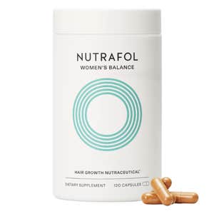 Ulta; a bottle of NUTRAFOL   Women's Balance 45+ Clinically Proven Hair Growth Supplement against a white background