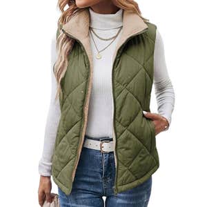 amazon, Dokotoo Womens Sherpa Fleece Vest Stand Collar Zip Up Puffer Quilted Jacket