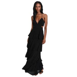 Lulus Tier and Now Black Tie-Back Tiered Maxi Dress