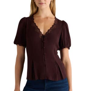 Quince; Lightweight Crepe Lace Puff Sleeve Blouse