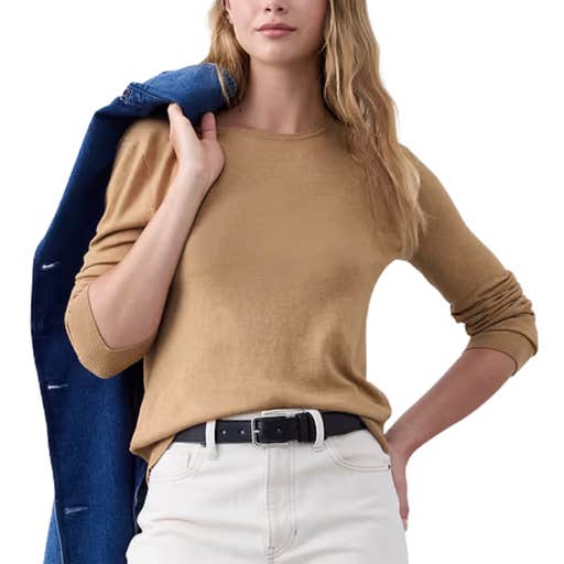 a woman wearing Banana Republic Factory Forever Crew-Neck Sweater against a white background