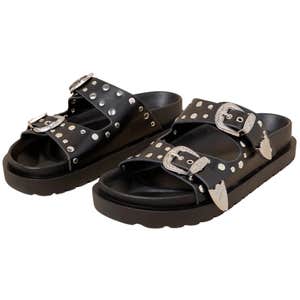 lulus, Lulus Devaney Black Studded Western Buckle Slide Sandals