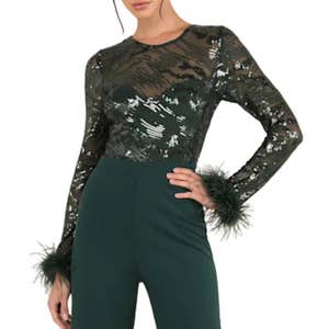 Lulus Limitless Radiance Sequin Feather Long Sleeve Jumpsuit