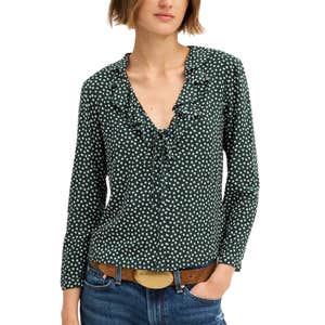 Ruffled V-Neck Long-Sleeve Top