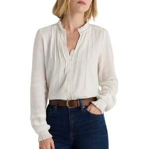 quince, Quince Organic Textured Cotton Peasant Blouse in White
