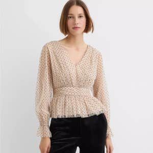 Loft Velvet Dot Tulle Tie Back Peplum Blouse