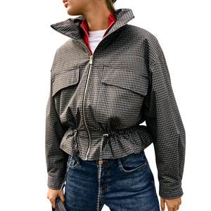 zara, Zara Quilted Check Stand-Up Collar Jacket
