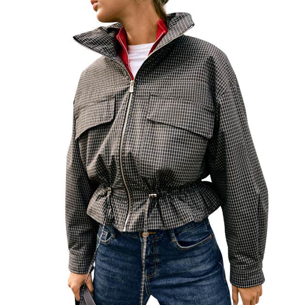 zara, Zara Quilted Check Stand-Up Collar Jacket