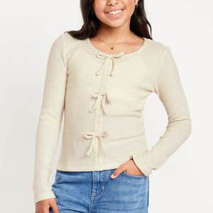 Fitted Long-Sleeve Ribbed Bow-Tie Top for Girls