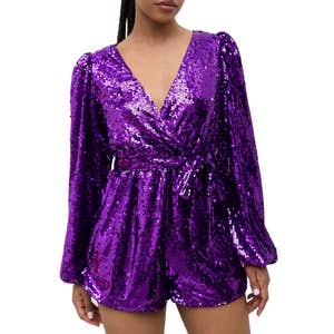 Cider Sequin V-neck Solid Belted Romper