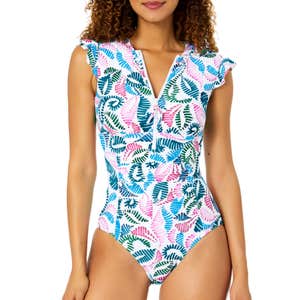 nordstrom, Anne Cole Printed Flutter Sleeve Zip Up Rash Guard One Piece Swimsuit