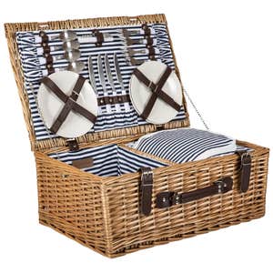 brown picnic basket with white dish and silver cutlery set on white background