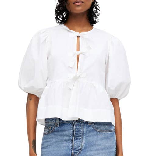 ganni, GANNI Cotton Poplin Peplum Tie Blouse
