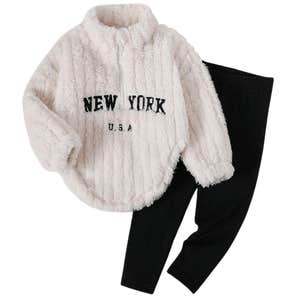 SHEIN 2Pcs Baby Girl Knitted Solid Color Fleece Hoodie And Leggings Set Fall Winter