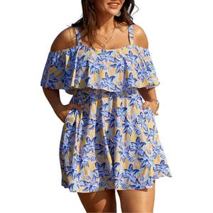 bloomchic, BloomChic Floral Ruffle Trim Off Shoulder Pockets Swim Dress
