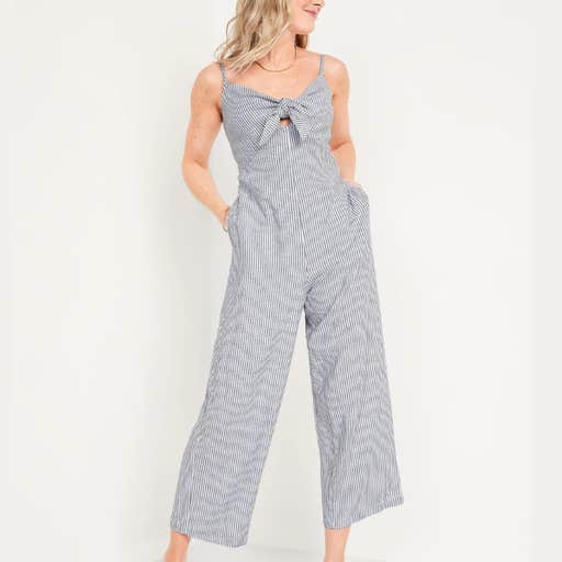 old navy, Old Navy Striped Smocked Cropped Knotted Linen-Blend Cami Jumpsuit for Women