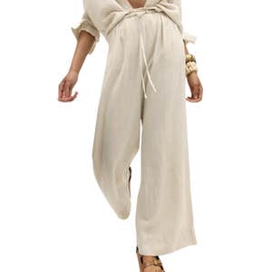 M&S Linen Blend Wide Leg Drawstring Pants in Oatmeal Beige