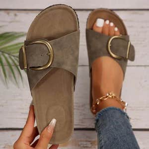 Sandals For Women Slip On Summer Comfort Cork Straps Gold Buckle Adjustable