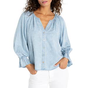 Liverpool Los Angeles Shirred Chambray Button-Up Top