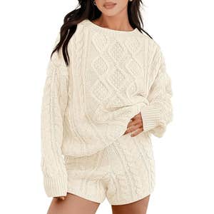 ANRABESS Cable Knit Oversized Sweater & Shorts Matching Set