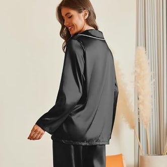 Amazon; a woman wearing Ekouaer Pajamas For Women Silk Pjs