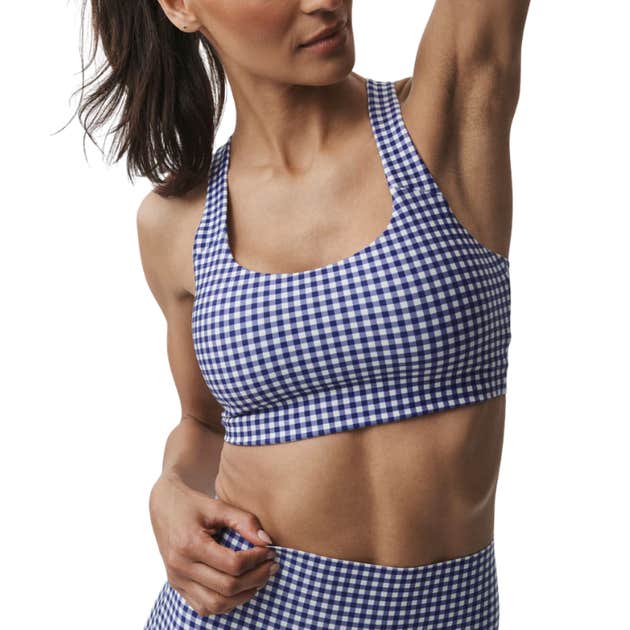 ALO Airlift Gingham Sleek Bra Tank in Navy