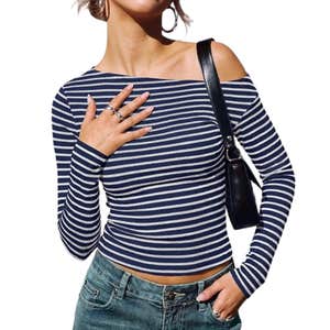 amazon, PRETTYGARDEN Off The Shoulder Striped T-Shirt