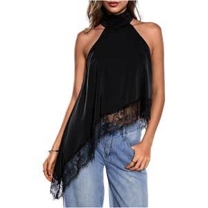 amazon milumia halter neck sleeveless lace asymmetrical black top