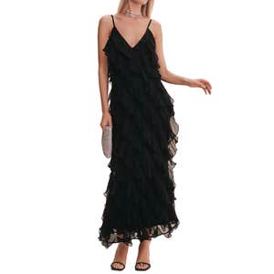 BHLDN Jia Bias-Cut Ruffled V-Neck Gown