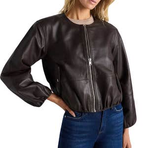 quince, Quince 100% Leather Collarless Cropped Bubble Hem Jacket