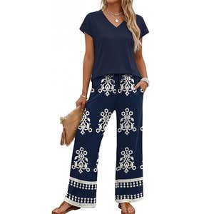 XIEERDUO V-Neck Top & Pants Set in Ethnic Pattern