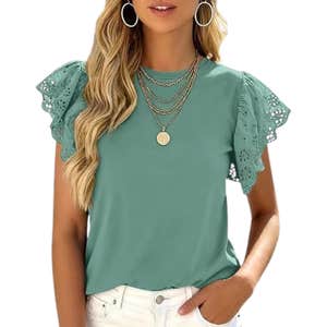 amazon, PRETTYGARDEN Dressy Casual Hollow Out Short Sleeve Summer Basic Tee