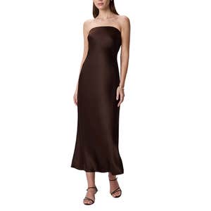 Quince 100% Washable Silk Strapless Midi Dress in Hot Fudge