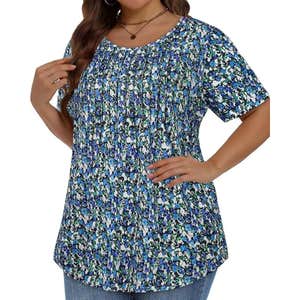 amazon, JOELLYUS Plus Size Summer Pleated Short Sleeve Shirts Casual Blouse