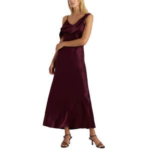 Quince 100% Washable Silk Draped Shoulder Maxi Dress in Wine Tasting Red