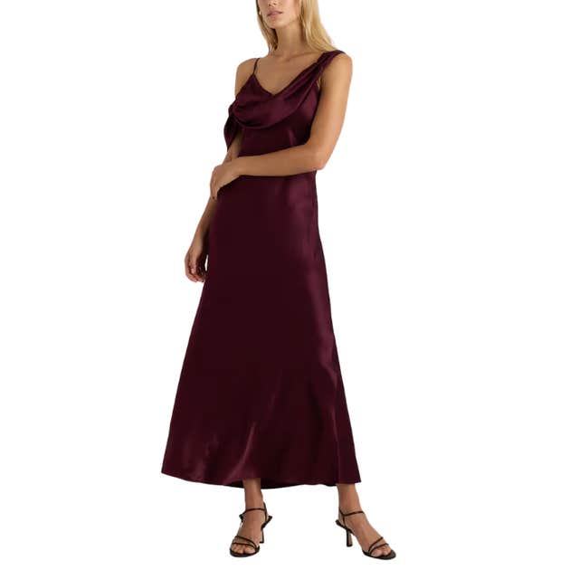 Quince 100% Washable Silk Draped Shoulder Maxi Dress in Wine Tasting Red