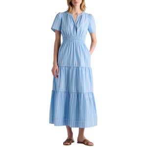 Quince 100% Organic Cotton Poplin Tiered Maxi Dress in Delta Blue Double Stripe