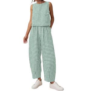 PRETTYGARDEN Plaid Tank & Wide-Leg Pants Set in Green and White