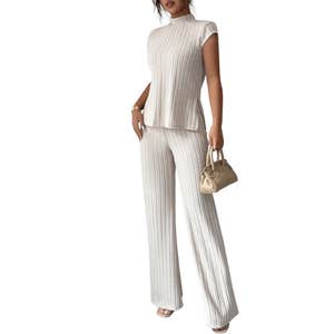 Elenzga 2Pcs Casual Elegant Set: Short Sleeve Ribbed Top & Pants