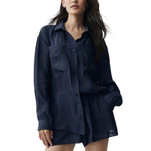 ALO Semi-Sheer Golden Hour Button Down Long Sleeve in Navy
