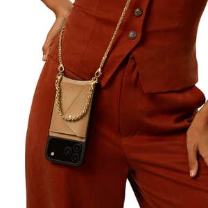 Bandolier; Lily Duet Crossbody and Wristlet Set in Tan/Gold against a white background