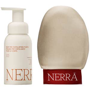 nerrā exfoliating body foam bottle and body glove on white background