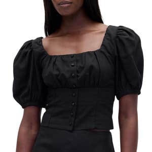 gap, Gap Linen-Blend Puff-Sleeve Crop Corset Top