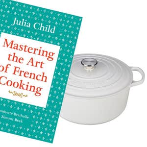 amazon.com, lecreuset.com, Mastering the Art of French Cooking and a White Le Creuset French Oven