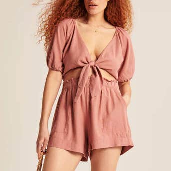 Abercrombie & Fitch Cropped Tie-Front Linen Blend Top And Linen-Blend Pull-On Shorts