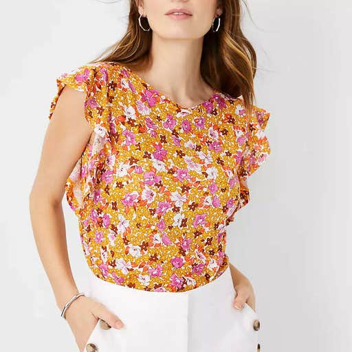 anntaylor.com, Ann Taylor Floral Linen Flutter Sleeve Tee